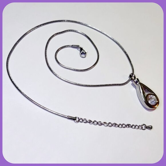 Stainless & Crystal Teardrop Cremation Urn Pendant for Ashes w/Chain - Memorial - Picture 6 of 11